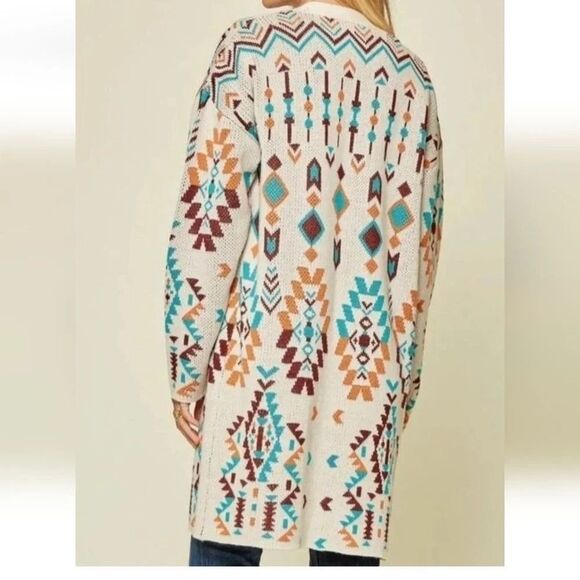 SAVANNA JANE Let's Get It Cream Open Front Knit Aztec Cardigan Sweater Boho S - Picture 2 of 10